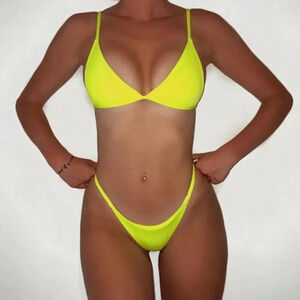 NEW! Neon Yellow Ribbed Strappy Triangle Bikini